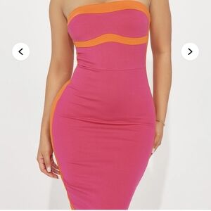 🩷🧡Fashion Nova Strapless Pink and Orange Dress Color Block Tube Bodycon
